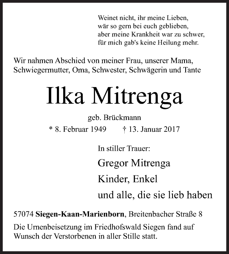  Traueranzeige für Ilka Mitrenga vom 28.01.2017 aus Siegener Zeitung