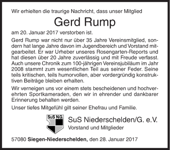 Traueranzeige von Gerd Rump von Siegener Zeitung