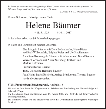Traueranzeige von Helene Bäumer von Siegener Zeitung
