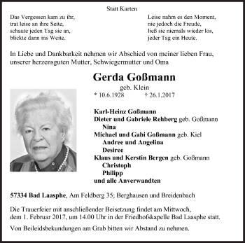 Traueranzeige von Gerda Goßmann von Siegener Zeitung