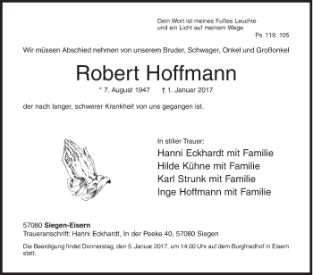 Traueranzeige von Robert Hoffmann von Siegener Zeitung