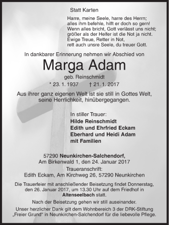 Traueranzeige von Marga Adam von Siegener Zeitung