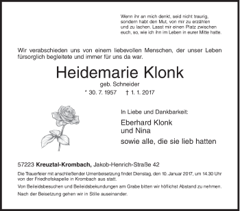 Traueranzeige von Heidemarie Klonk von Siegener Zeitung