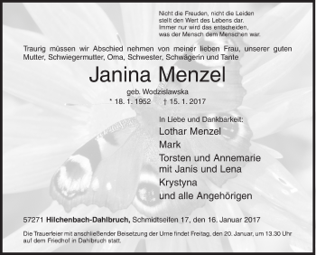 Traueranzeige von Janina Menzel von Siegener Zeitung