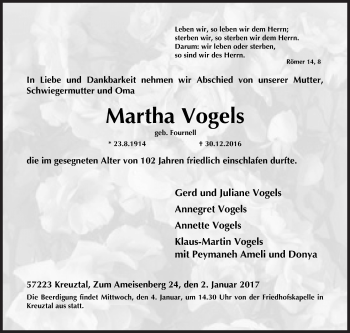 Traueranzeige von Martha Vogels von Siegener Zeitung