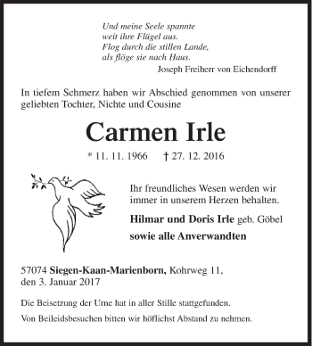 Traueranzeige von Carmen Irle von Siegener Zeitung