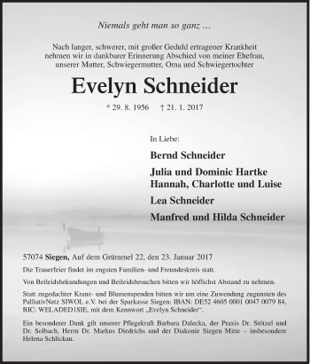 Traueranzeige von Evelyn Schneider von Siegener Zeitung