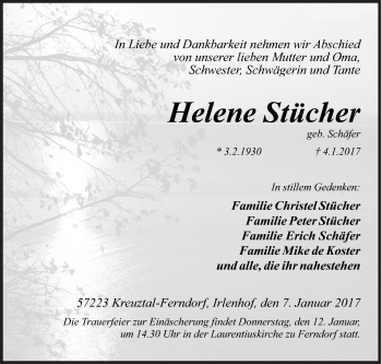 Traueranzeige von Helene Stücher von Siegener Zeitung