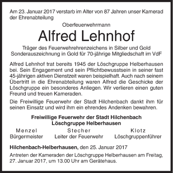 Traueranzeige von Alfred Lehnhof von Siegener Zeitung