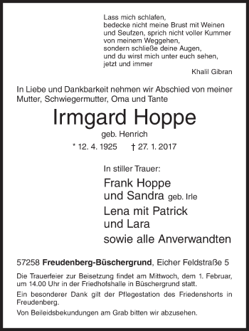 Traueranzeige von Irmgard Hoppe von Siegener Zeitung