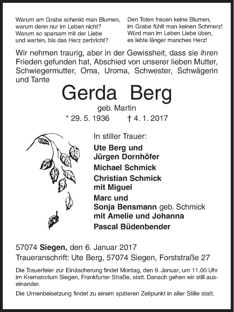  Traueranzeige für Gerda Berg vom 06.01.2017 aus Siegener Zeitung
