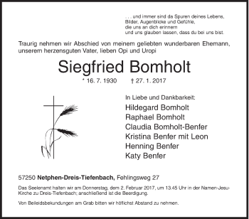Traueranzeige von Siegfried Bomholt von Siegener Zeitung