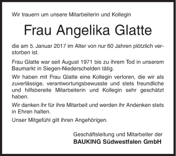 Traueranzeige von Angelika Glatte von Siegener Zeitung