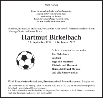 Traueranzeige von Hartmut Birkelbach von Siegener Zeitung