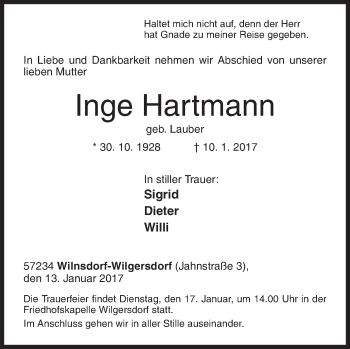 Traueranzeige von Inge Hartmann von Siegener Zeitung