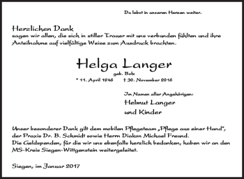 Traueranzeige von Helga Langer von Siegener Zeitung
