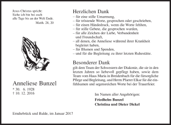 Traueranzeige von Anneliese Bunzel von Siegener Zeitung