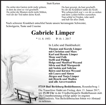 Traueranzeige von Gabriele Limper von Siegener Zeitung