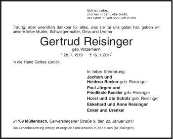 Traueranzeige von Gertrud Reisinger von Siegener Zeitung