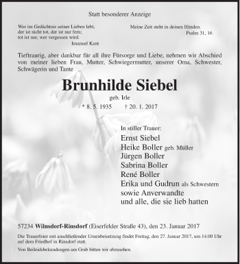 Traueranzeige von Brunhilde Siebel von Siegener Zeitung