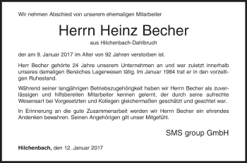 Traueranzeige von Heinz Becher von Siegener Zeitung