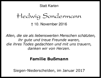 Traueranzeige von Hedwig Sondermann von Siegener Zeitung