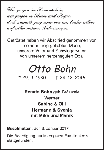 Traueranzeige von Otto Bohn von Siegener Zeitung