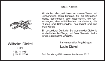 Traueranzeige von Wilhelm Dickel von Siegener Zeitung