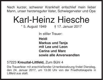 Traueranzeige von Karl-Heinz Hiesche von Siegener Zeitung
