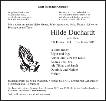 Traueranzeige von Hilde Duchardt von Siegener Zeitung