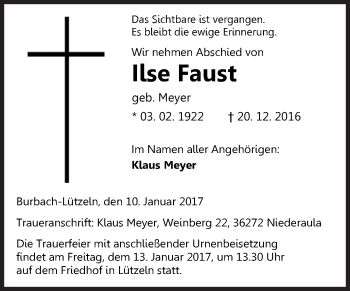 Traueranzeige von Ilse Faust von Siegener Zeitung
