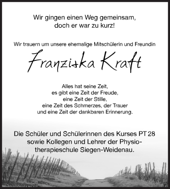 Traueranzeige von Franziska Kraft von Siegener Zeitung