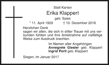 Traueranzeige von Erika Klappert von Siegener Zeitung