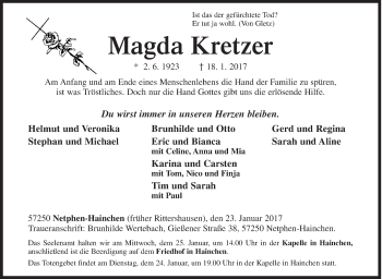 Traueranzeige von Magda Kretzer von Siegener Zeitung
