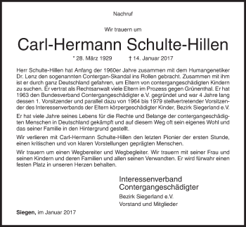 Traueranzeige von Carl-Hermann Schulte-Hillen von Siegener Zeitung