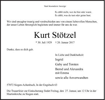 Traueranzeige von Kurt Stötzel von Siegener Zeitung