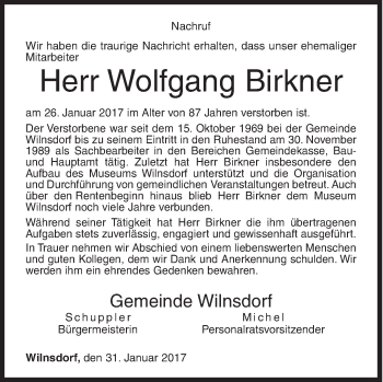 Traueranzeige von Wolfgang Birkner von Siegener Zeitung