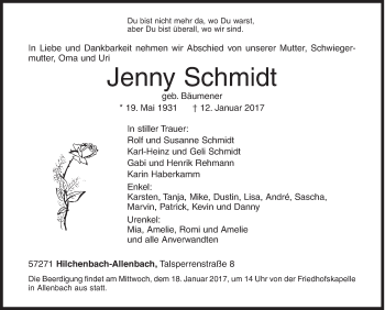 Traueranzeige von Jenny Schmidt von Siegener Zeitung