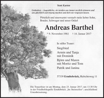 Traueranzeige von Andreas Barthel von Siegener Zeitung