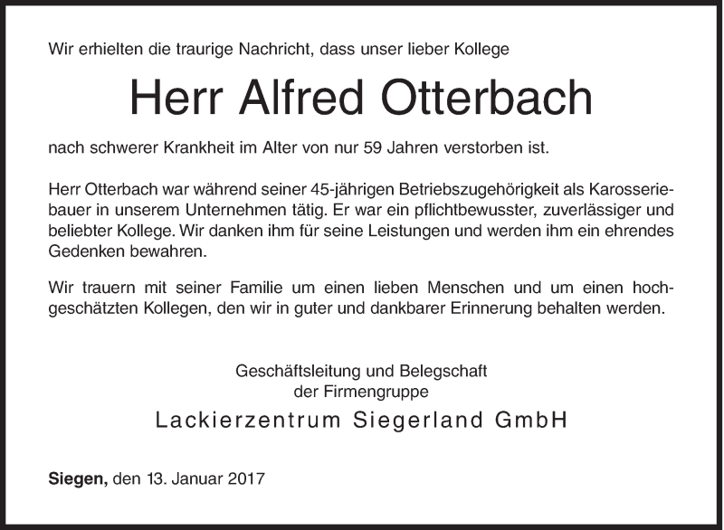  Traueranzeige für Alfred Otterbach vom 13.01.2017 aus Siegener Zeitung
