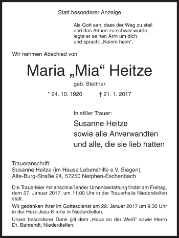 Traueranzeige von Maria Mia Heitze von Siegener Zeitung