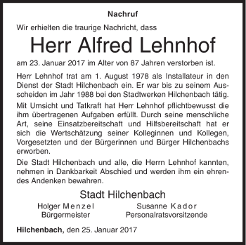 Traueranzeige von Alfred Lehnhof von Siegener Zeitung