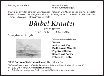 Traueranzeige von Bärbel Krauter von Siegener Zeitung