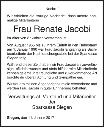 Traueranzeige von Renate Jacobi von Siegener Zeitung