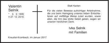 Traueranzeige von Valentin Selnik von Siegener Zeitung