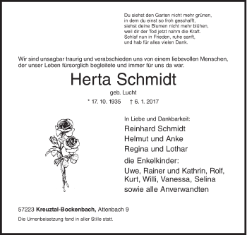 Traueranzeige von Herta Schmidt von Siegener Zeitung