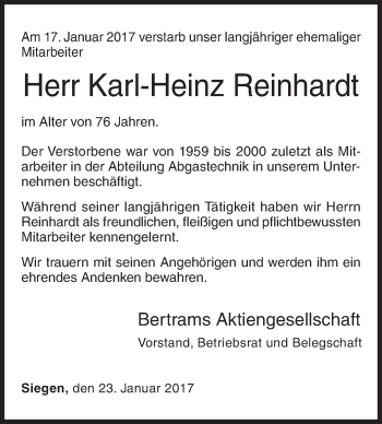 Traueranzeige von Karl-Heinz Reinhardt von Siegener Zeitung
