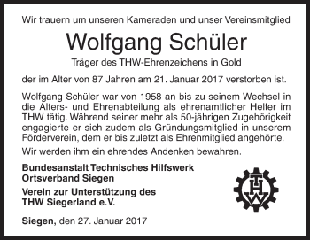 Traueranzeige von Wolfgang Schüler von Siegener Zeitung