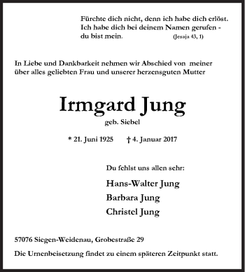 Traueranzeige von Irmgard Jung von Siegener Zeitung