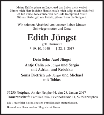 Traueranzeige von Edith Jüngst von Siegener Zeitung